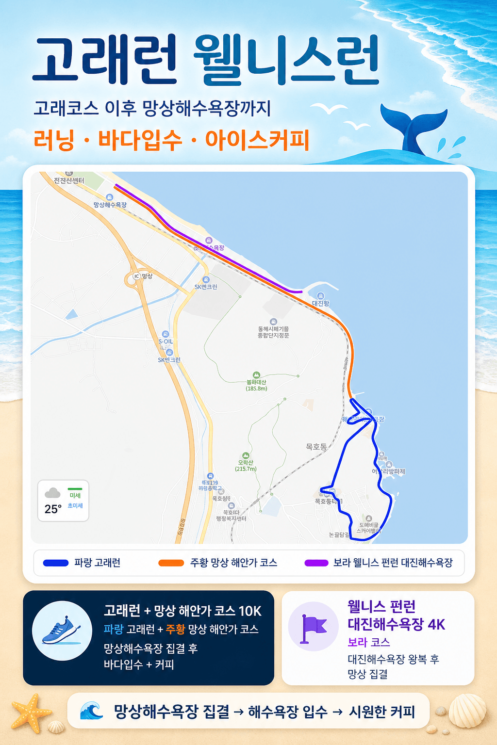 고래런 실제 지도 코스 — 파랑 고래런, 주황 망상 해안가 코스, 보라 웰니스 펀런 대진해수욕장